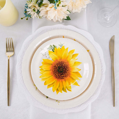 25-Pack Paper Round Dessert Plates 7" White with Sunflower Design - Disposable Salad Plates for Weddings & Bridal Showers