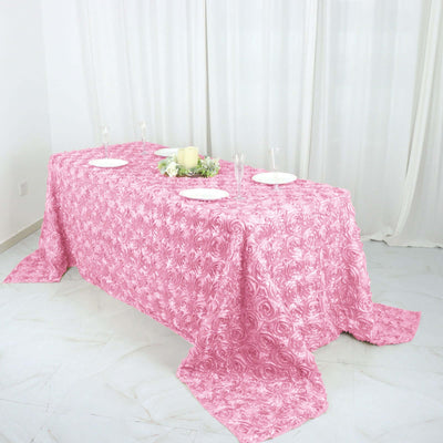 Satin Rectangle Tablecloth 90"x132" Pink - Grandiose 3D Rosette Table Cover