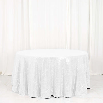 Elevate Your Event with the White Seamless Premium Sequin Round Tablecloth 120