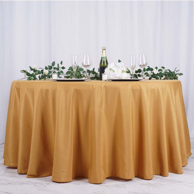 Polyester Round Tablecloth 132" Gold with Seamless Finish - Sophisticated Decor for Upscale Occasions