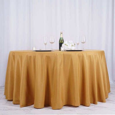 Polyester Round Tablecloth 132" Gold with Seamless Finish - Sophisticated Decor for Upscale Occasions