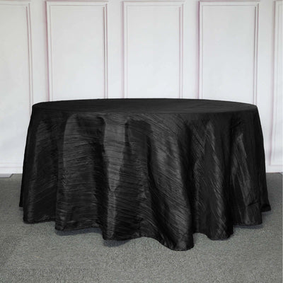 Taffeta Round Tablecloth 120" Black with Accordion Crinkle Design - Seamless Finish for Weddings and Banquets