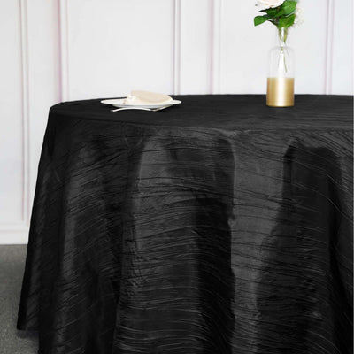 Taffeta Round Tablecloth 120" Black with Accordion Crinkle Design - Seamless Finish for Weddings and Banquets