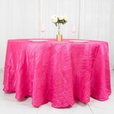 Taffeta Round Tablecloth 120" Fuchsia with Accordion Crinkle Design - Seamless Finish
