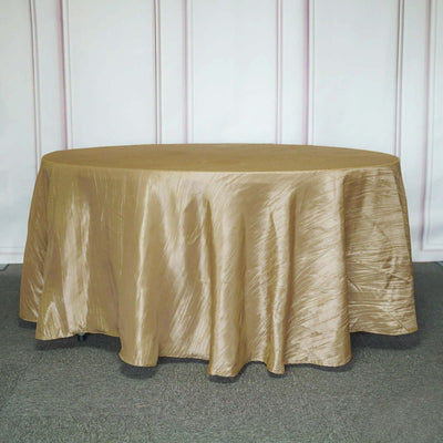 Taffeta Round Tablecloth 120" Gold with Accordion Crinkle Design - Seamless Finish for Weddings and Banquets