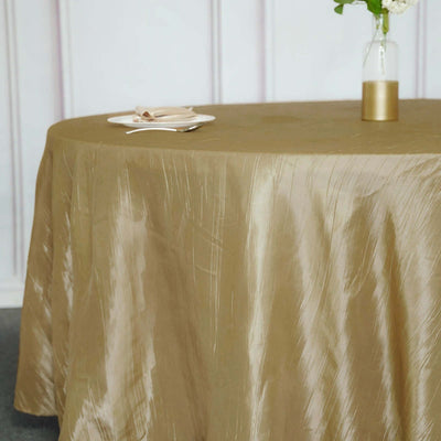 Taffeta Round Tablecloth 120" Gold with Accordion Crinkle Design - Seamless Finish for Weddings and Banquets