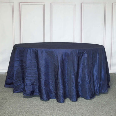 Taffeta Round Tablecloth 120" Navy Blue with Accordion Crinkle Design - Seamless Finish