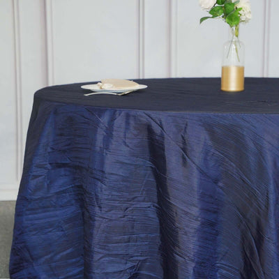 Taffeta Round Tablecloth 120" Navy Blue with Accordion Crinkle Design - Seamless Finish