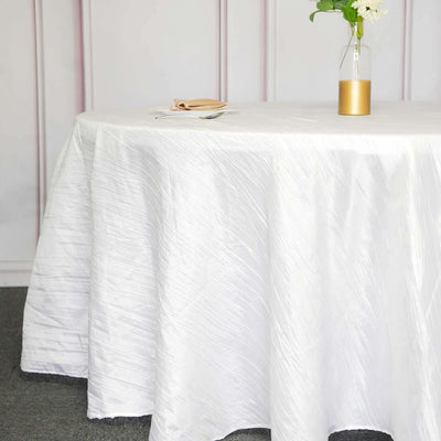 Taffeta Round Tablecloth 120" White with Accordion Crinkle Design - Seamless Finish for Weddings and Banquets