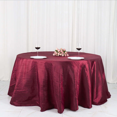 Taffeta Round Tablecloth 132" Burgundy Accordion Crinkle Table Cover