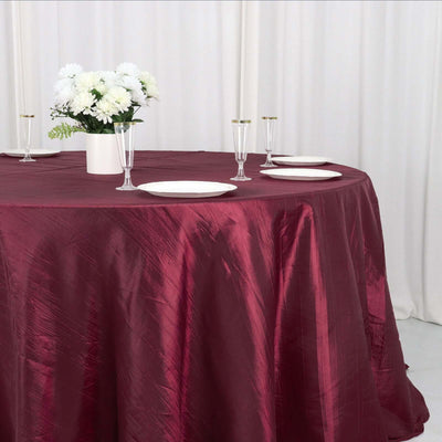 Taffeta Round Tablecloth 132" Burgundy Accordion Crinkle Table Cover