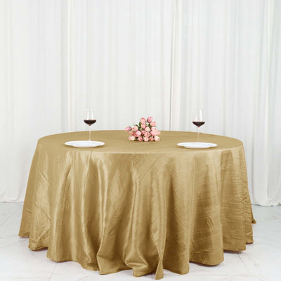 Taffeta Round Tablecloth 132" Gold with Accordion Crinkle Design - Chic Decor for Celebrations