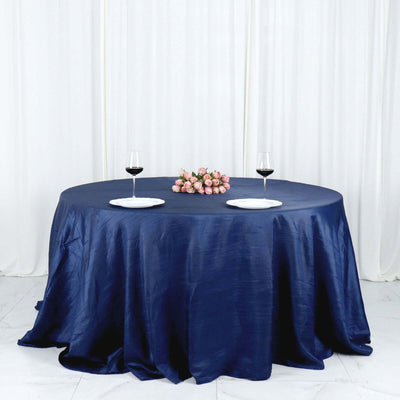 Taffeta Round Tablecloth 132" Navy Blue Accordion Crinkle Table Cover