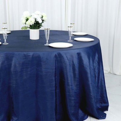 Taffeta Round Tablecloth 132" Navy Blue Accordion Crinkle Table Cover