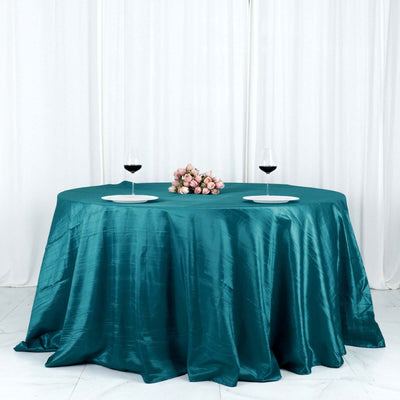 Taffeta Round Tablecloth 132" Peacock Teal Accordion Crinkle Table Cover