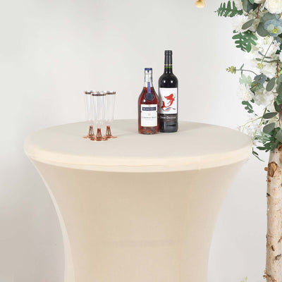 Spandex Round Cocktail Table Cover 30" Beige for High Top Tables - Easy to Maintain Stretch Fitted Highboy Tablecloth