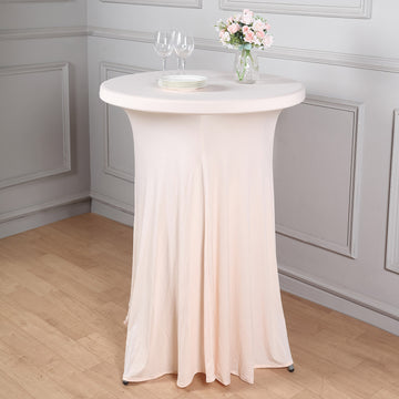 Blush Round Heavy Duty Spandex Cocktail Table Cover With Natural Wavy Drapes