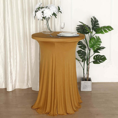 Spandex Round Cocktail Table Cover Skirt 30" Gold With Natural Wavy Drapes