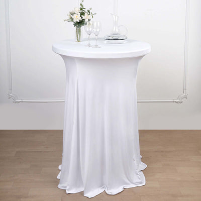 Spandex Round Cocktail Table Cover Skirt 30" White With Natural Wavy Drapes
