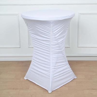 Heavy Duty Spandex Fitted Round Cocktail Table Cover 30" White Ruched Pleated - Durable Stretch Tablecloth