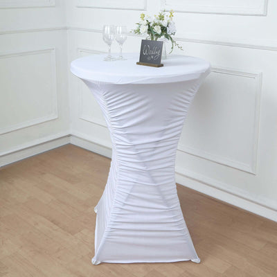 Heavy Duty Spandex Fitted Round Cocktail Table Cover 30" White Ruched Pleated - Durable Stretch Tablecloth