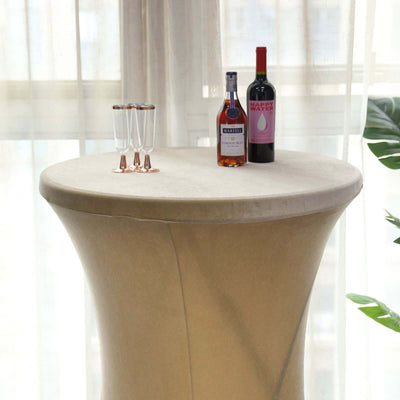 Premium Velvet Spandex Round Cocktail Table Cover 30" Champagne with Foot Pockets - Smooth Fitted Tablecloth
