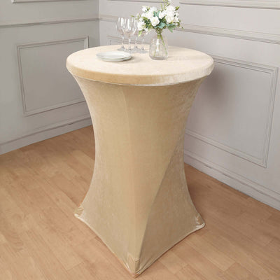 Premium Velvet Spandex Round Cocktail Table Cover 30" Champagne with Foot Pockets - Smooth Fitted Tablecloth
