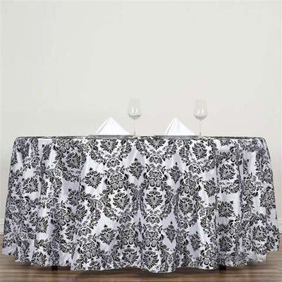 Taffeta Round Tablecloth 120" Black with Velvet Flocking Damask Design - Seamless Finish for Formal Occasions