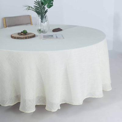 Faux Linen Round Tablecloth 108" White - Slubby Textured & Wrinkle Resistant Table Cover for Weddings and Special Events