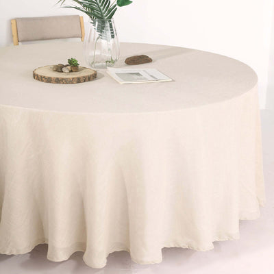 Faux Linen Round Tablecloth 120" Beige with Slubby Textured - Wrinkle Resistant & Seamless Table Cover