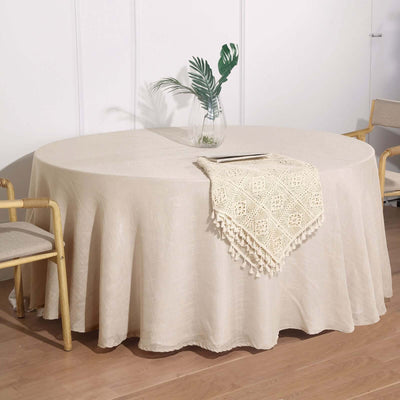 Faux Linen Round Tablecloth 120" Beige with Slubby Textured - Wrinkle Resistant & Seamless Table Cover