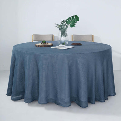 Faux Linen Round Tablecloth 120" Blue with Slubby Textured - Wrinkle Resistant & Seamless Table Cover