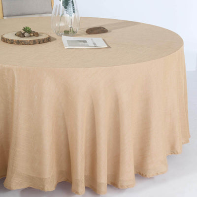 Faux Linen Round Tablecloth 120" Natural with Slubby Textured - Wrinkle Resistant & Seamless Table Cover