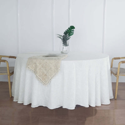 Faux Linen Round Tablecloth 120" White with Slubby Textured - Wrinkle Resistant & Seamless Table Cover for Rustic Events