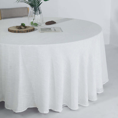 Faux Linen Round Tablecloth 120" White with Slubby Textured - Wrinkle Resistant & Seamless Table Cover for Rustic Events