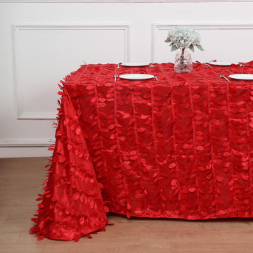 Red 3D Leaf Petal Taffeta Fabric Seamless Rectangle Tablecloth 90"x132"