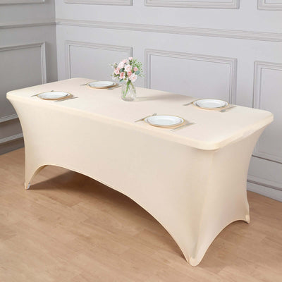 Stretch Spandex Rectangle Tablecloth 6ft Beige - Wrinkle Free Fitted Table Cover