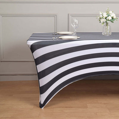 Stretch Spandex Rectangle Tablecloth 72"x30" Black/White Vertical Stripes - Easy to Maintain Form-Fitting Table Cover for Weddings & Events