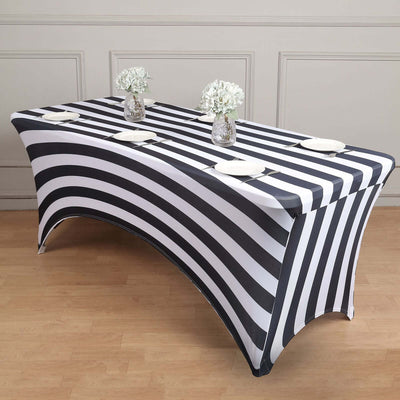 Stretch Spandex Rectangle Tablecloth 72"x30" Black/White Vertical Stripes - Easy to Maintain Form-Fitting Table Cover for Weddings & Events