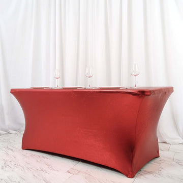 Elevate Your Event Decor with the Metallic Burgundy 72"x30" Rectangular Stretch Spandex Table Cover 6ft