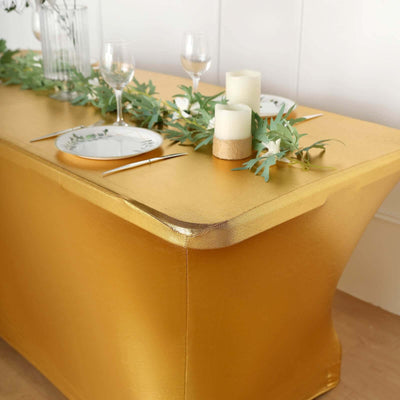 Stretch Spandex Rectangle Tablecloth 72"x30" Metallic Gold - Dazzling Form-Fitting Table Cover for Luxe Weddings & Events