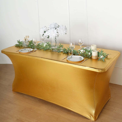 Stretch Spandex Rectangle Tablecloth 72"x30" Metallic Gold - Dazzling Form-Fitting Table Cover for Luxe Weddings & Events