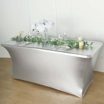 Stretch Spandex Rectangle Tablecloth 72"x30" Metallic Silver - Dazzling Form-Fitting Table Cover