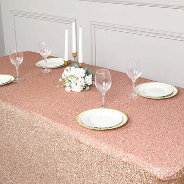 Add Sparkle to Your Event with the 72"x30" Rose Gold Metallic Shimmer Tinsel Spandex Table Cover