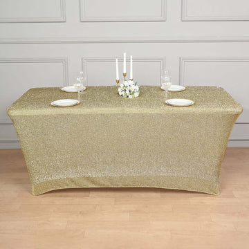 Add Glamour to Your Event with a 72"x30" Champagne Metallic Shimmer Tinsel Spandex Table Cover