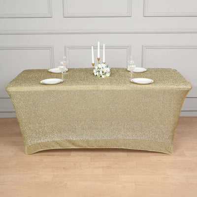 Shimmer Tinsel Spandex Rectangle Tablecloth 72"x30" Metallic Champagne - Glittered Shiny Table Cover