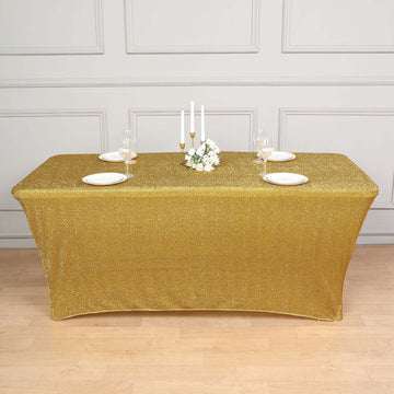 Add Glamour to Your Event with a 72"x30" Gold Metallic Shimmer Tinsel Spandex Table Cover