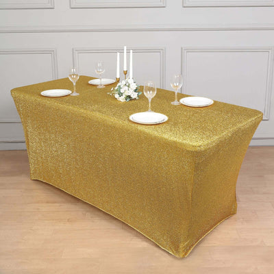 Shimmer Tinsel Spandex Rectangle Tablecloth 72"x30" Metallic Gold Glittered Shiny Stretch Table Cover for Shimmering Event Decor