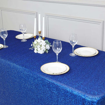 Add Glamour to Your Event with the 72"x30" Royal Blue Metallic Shimmer Tinsel Spandex Table Cover