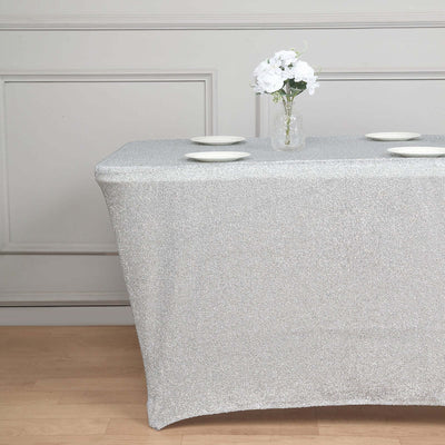 Shimmer Tinsel Spandex Rectangle Tablecloth 72"x30" Metallic Silver - Glittered Shiny Table Cover